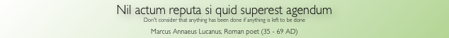 Nil actum reputa si quid superest agendum
Don't consider that anything has been done if anything is left to be done
Marcus Annaeus Lucanus, Roman poet (35 - 69 AD)